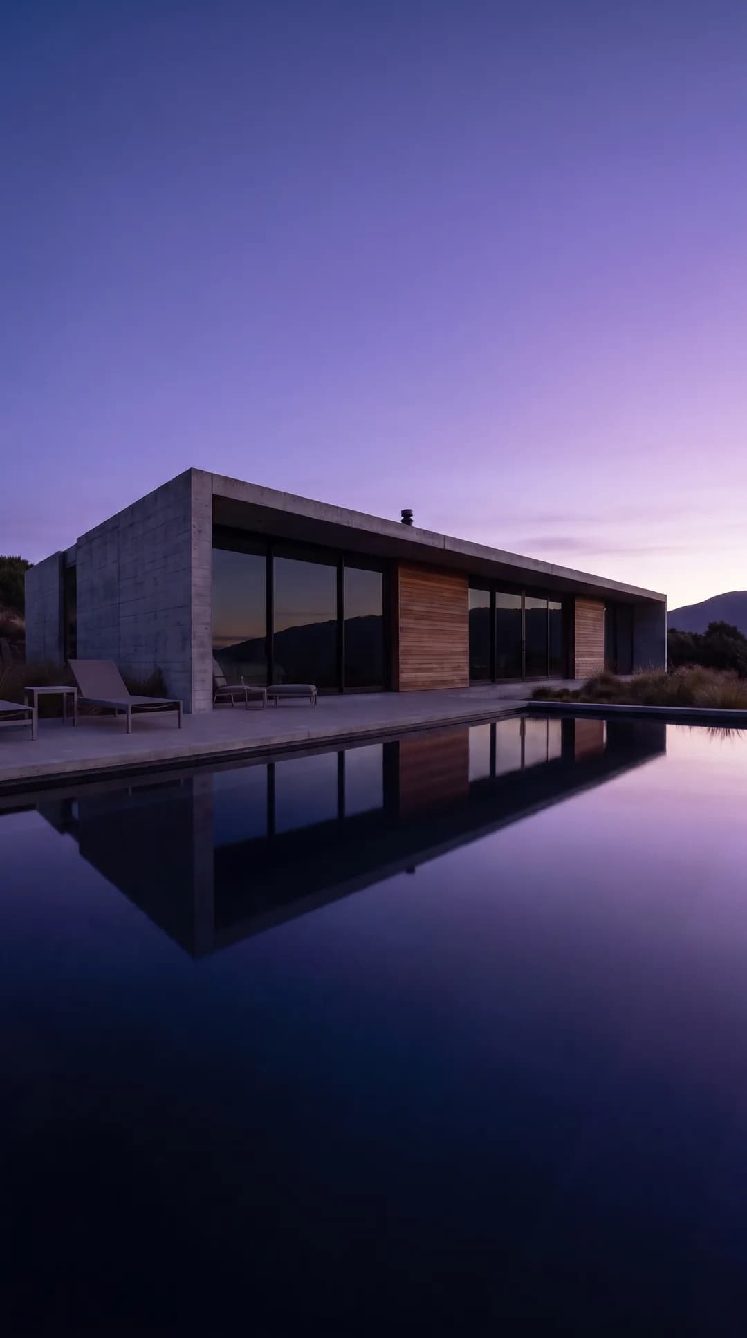 Casa contemporânea ao anoitecer, com o interior ainda apagado