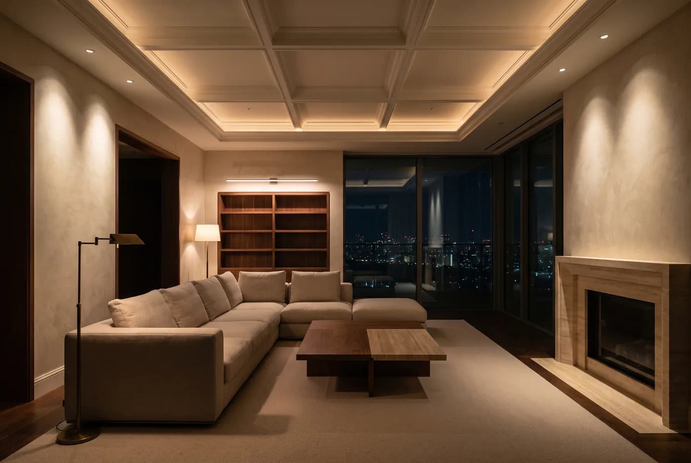 Sala de estar à noite com iluminação em camadas e luz quente