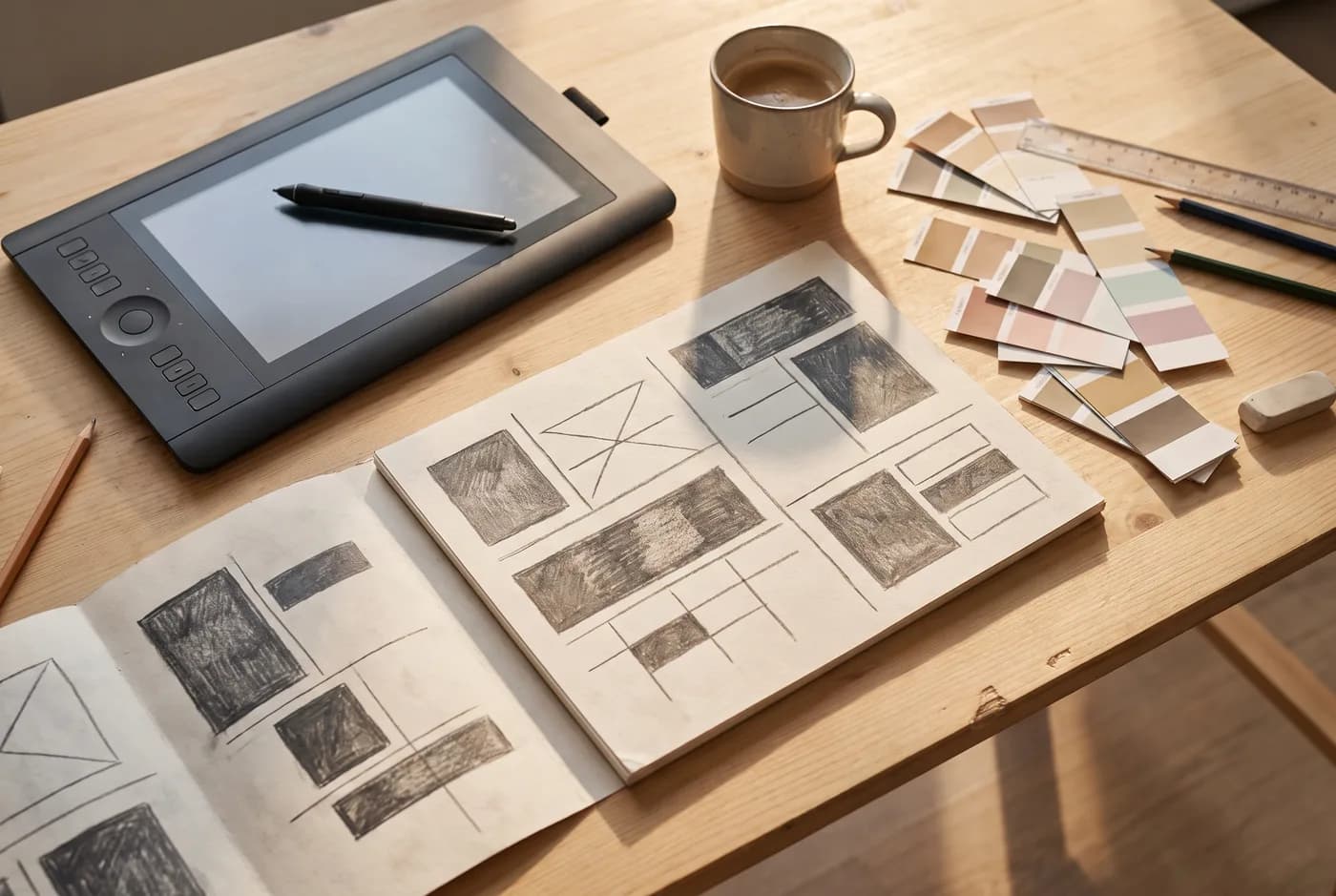 Mesa de trabalho de design com tablet, canetas e layouts impressos