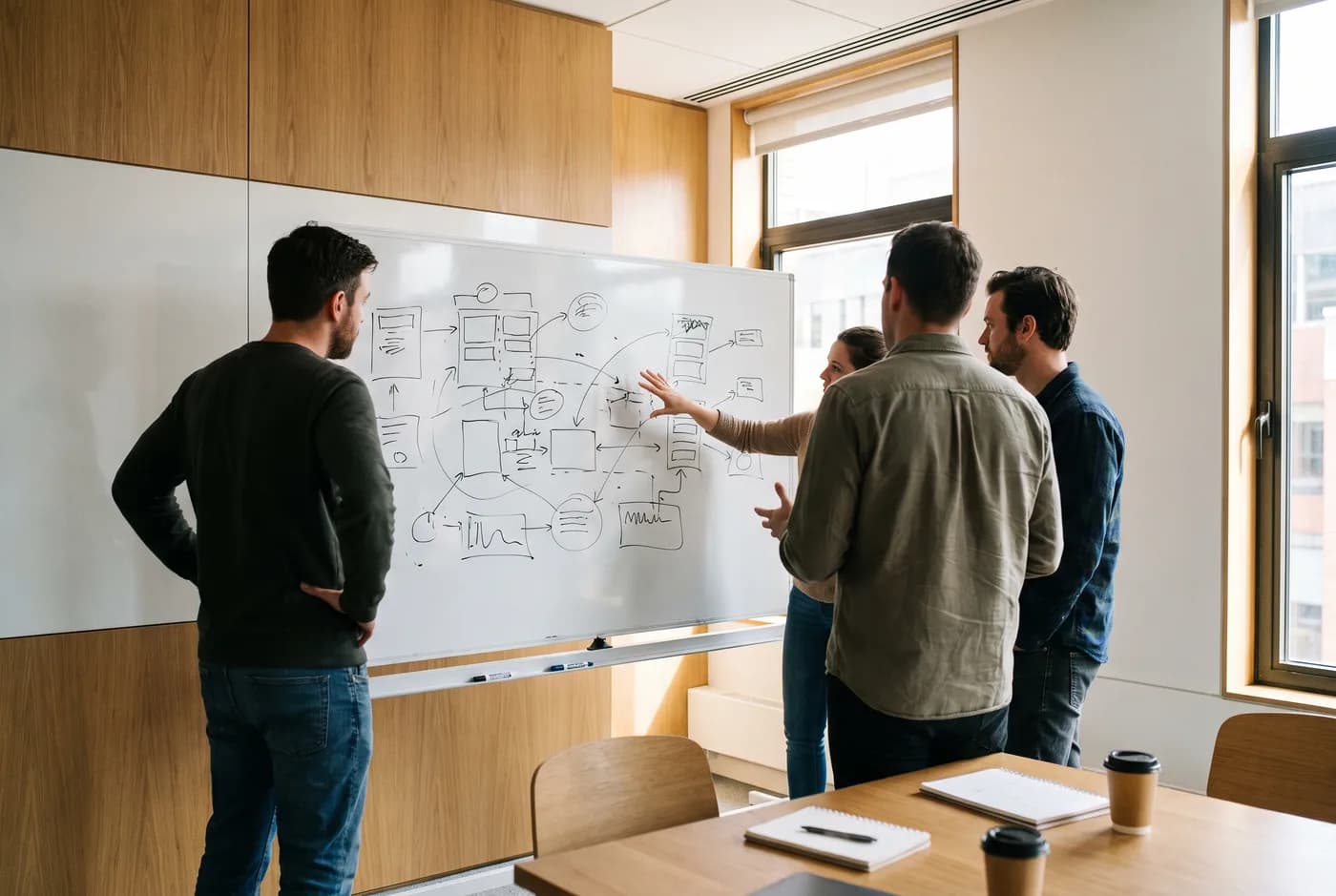 Equipe reunida diante de um quadro branco com diagramas
