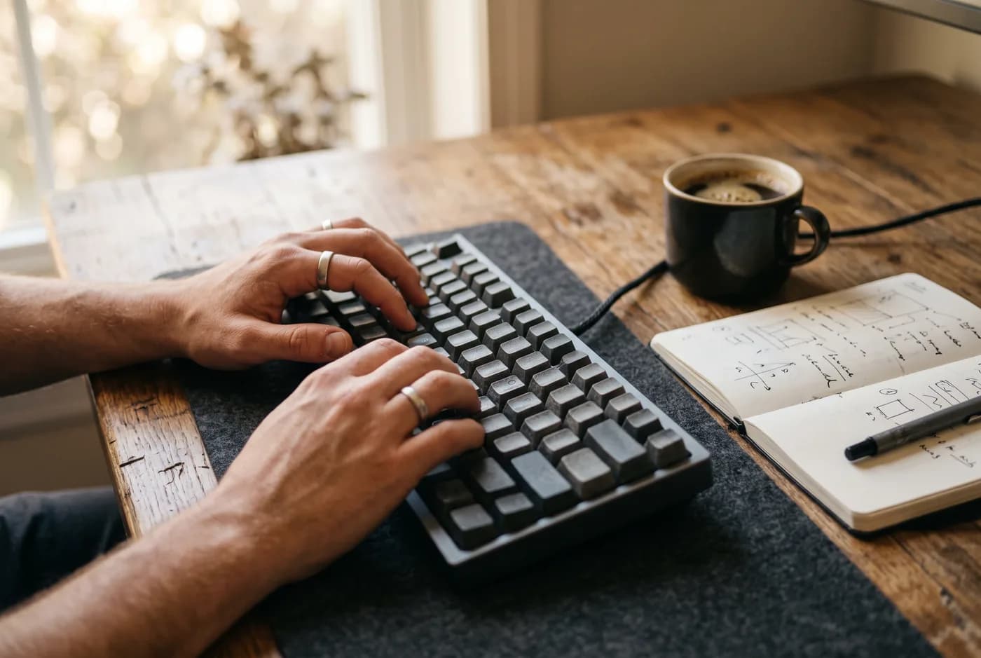 Mãos digitando em um teclado sobre a mesa de trabalho