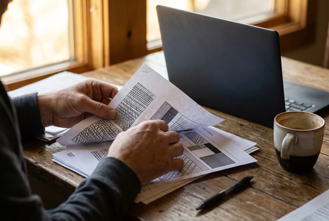 Mãos organizando documentos impressos sobre a mesa de trabalho